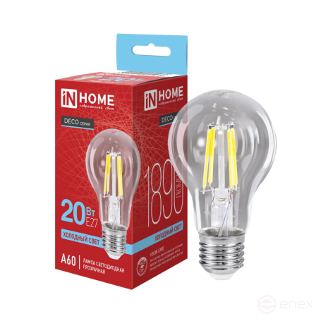 Лампа светодиодная LED-A60-deco 20Вт 230В Е27 6500К 1890Лм прозрачная IN HOME