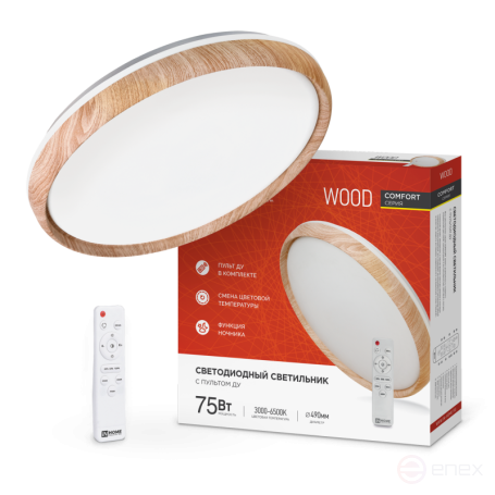 Светильник светодиодный COMFORT WOOD 75Вт 230В 3000-6500K 6000Лм 490x115мм с пультом ДУ IN HOME