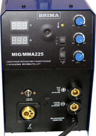Полуавтомат MIG/MМА-225 (220В) "BRIMA" - установка универсальная c функциями Полуавтоматической сварки (MIG), ручной дуговой сварки (MMA) и аргонодуговой (TIG) сварки
