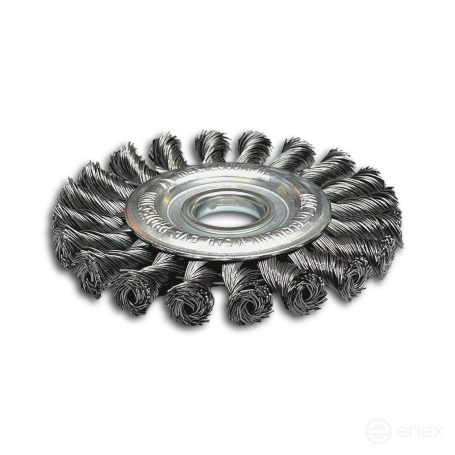 Disc brush harness, D115 mm, width 14 mm, 20 bundles twisted left/right, straight steel wire STH 0.50 mm, landing hole 22.2 mm