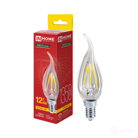 Лампа светодиодная LED-СВЕЧА НА ВЕТРУ-deco 12Вт 230В Е14 3000К 1350Лм прозрачная IN HOME
