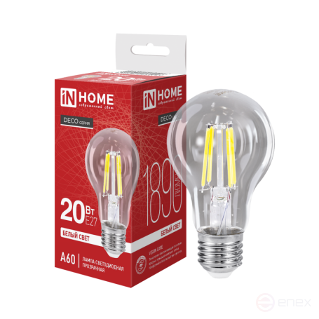 Лампа светодиодная LED-A60-deco 20Вт 230В Е27 4000К 1890Лм прозрачная IN HOME