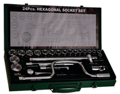 Set of heads, 1/2" connection square, Cr-V, 24 pieces