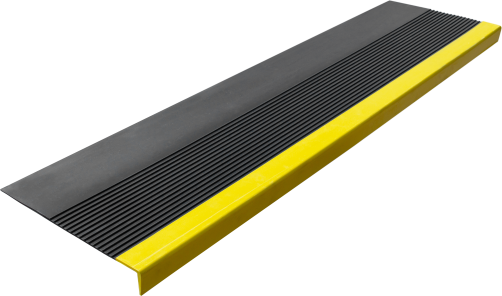 The pad on the step "Traffic light" for the visually impaired, anti-slip rubber (Tread) Elongated corrugated 1200x300x30 mm / Black with a yellow stripe