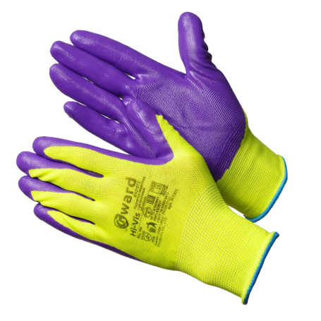 Bright green nylon gloves with purple nitrile coating Gward Hi-Vis
