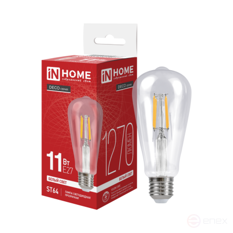 Лампа светодиодная LED-ST64-deco 11Вт 230В Е27 4000К 1270Лм прозрачная IN HOME