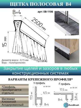 Strip brush linear sealer 2500*19*4 , pile height 15 mm PPL black 0.15 (EB-1106)