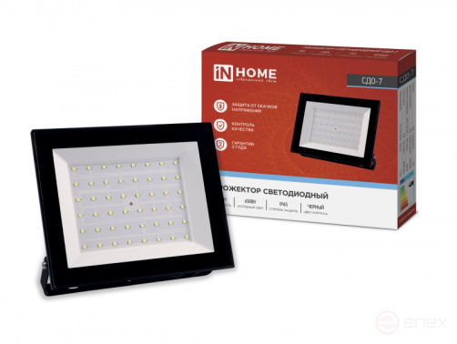 Прожектор светодиодный СДО-7 70Вт 230В 6500К IP65 черный IN HOME