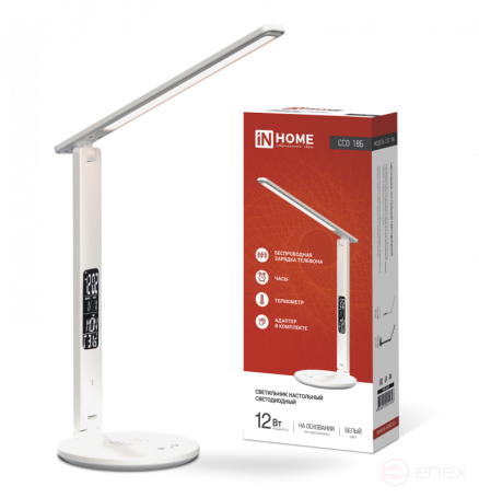 Светильник настольный светодиодный PLUS ССО-18Б 12Вт 3000-6500К 600Лм сенсор, с беспроводной зарядкой, часы, температура, с адаптером БЕЛЫЙ IN HOME