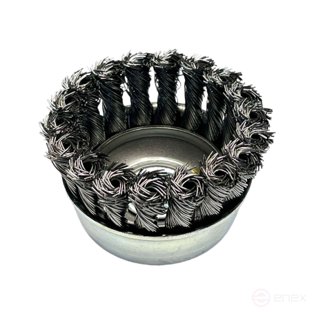 Cup harness brush, D65 mm, 18 harnesses, straight steel wire STH 0.35 mm, M14 fit