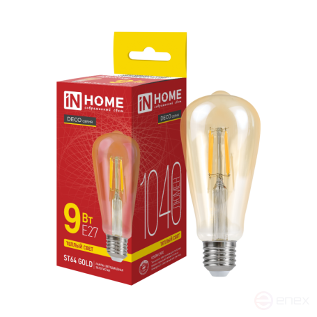 Лампа светодиодная LED-ST64-deco gold 9Вт 230В Е27 3000К 1040Лм золотистая IN HOME