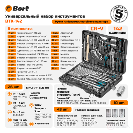 Набор ручного инструмента BORT BTK-142