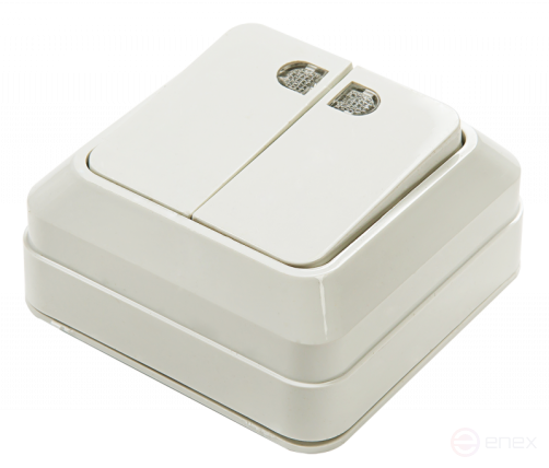 Выключатель двухклавишный с подсветкой BOLLETO белый накладной 7123 IN HOME