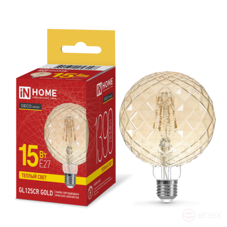 Лампа светодиодная LED-GL125CR-deco gold 15Вт 230В E27 3000K 1390Лм 125мм кристалл золотистая IN HOME