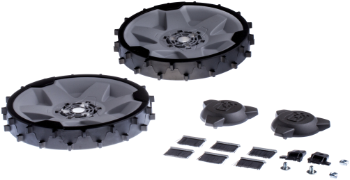 A set of weighted wheels and wheel brushes for robot lawn mowers