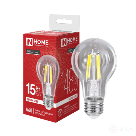 Лампа светодиодная LED-A60-deco 15Вт 230В Е27 4000К 1480Лм прозрачная IN HOME