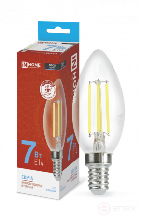 Лампа светодиодная LED-СВЕЧА-deco 7Вт 230В Е14 6500К 810Лм прозрачная IN HOME