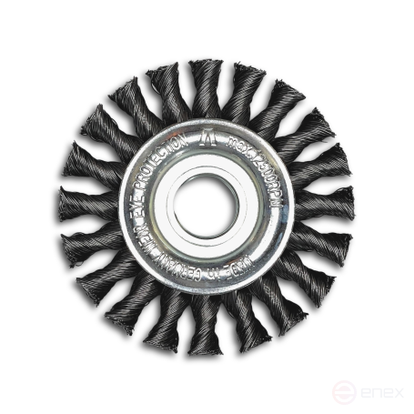 Disc brush harness, D115 mm, width 14 mm, 20 bundles twisted left/right, straight steel wire STH 0.50 mm, landing hole 22.2 mm