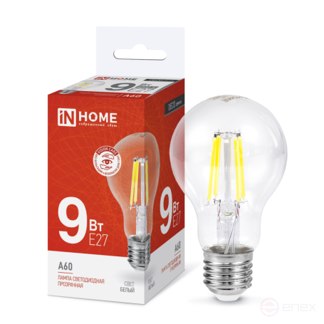 Лампа светодиодная LED-A60-deco 9Вт 230В Е27 4000К 1040Лм прозрачная IN HOME