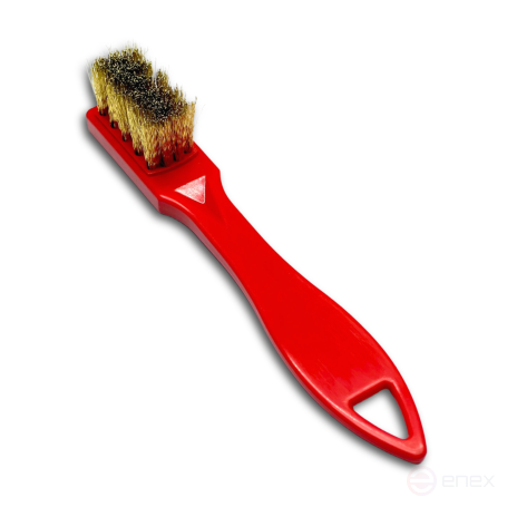 Щетка ручная для свечей зажигания, пластиковый красный корпус, 4х5/6 рядная, 155x22 мм, латунная гофрированная проволока MES 0,15 мм, высота ворса 18 мм