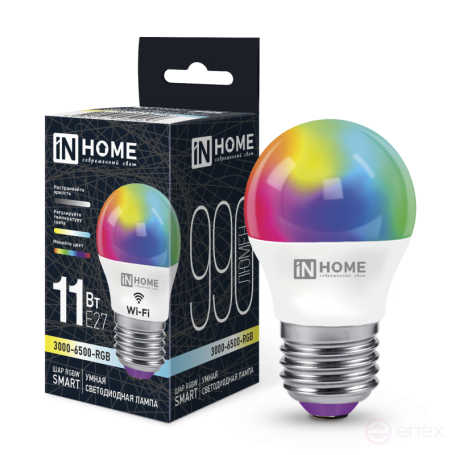 Лампа светодиодная LED-ШАР-RGBW-SMART 11Вт 230В Wi-Fi Е27 RGB-3000-6500К 990Лм IN HOME