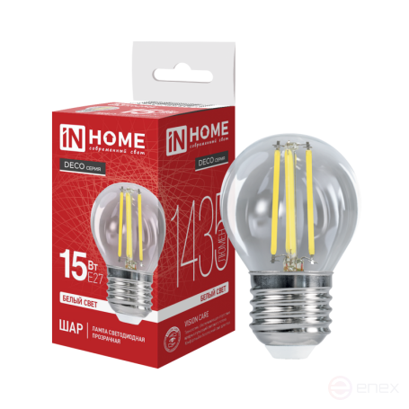 Лампа светодиодная LED-ШАР-deco 15Вт 230В Е27 4000К 1435Лм прозрачная IN HOME