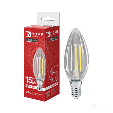Лампа светодиодная LED-СВЕЧА-deco 15Вт 230В Е14 4000К 1455Лм прозрачная IN HOME