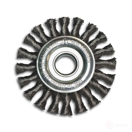 Conical plaited brush, D115 mm, width 12 mm, 20 plaits twisted left/right, straight steel wire STH 0.50 mm, M14 fit