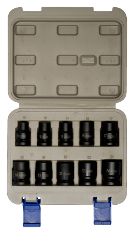 A set of impact end heads 1/2, 10 pcs. (10-24 mm) in a case
