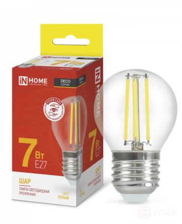 Лампа светодиодная LED-ШАР-deco 7Вт 230В Е27 3000К 810Лм прозрачная IN HOME
