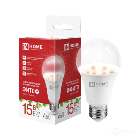 Лампа светодиодная LED-A60 PRO-ФИТО полный спектр 15Вт 230В Е27 IN HOME