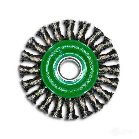 Щетка дисковая жгутовая, Д115 мм, ширина 14 мм, 20 жгутов закрученных лево/право, нержавеющая прямая проволока ROH 0,50 мм, посадочное отверстие 22,2 мм