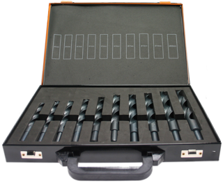 A set of high-speed steel HSS-R drills with a shortened shank of 11-20 mm in a metal case