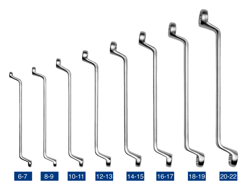 Набор двусторонних накидных гаечных ключей с изгибом, 8 шт. (6 - 22 мм), чехол