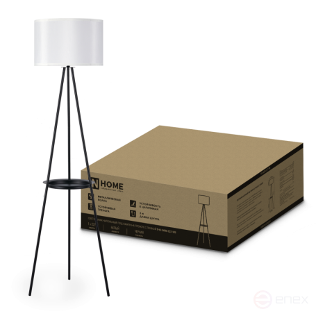 Светильник напольный под лампу ТНО 04ПВ-Е27-WB 230В полка, белый абажур, черная тренога IN HOME