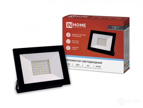 Прожектор светодиодный СДО-7 50Вт 230В 6500К IP65 черный IN HOME