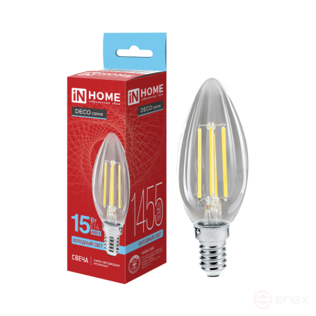 Лампа светодиодная LED-СВЕЧА-deco 15Вт 230В Е14 6500К 1455Лм прозрачная IN HOME