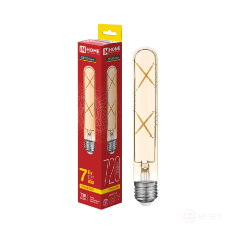 Лампа светодиодная LED-T30-deco gold 7Вт 230В Е27 3000К 720Лм 185мм золотистая IN HOME