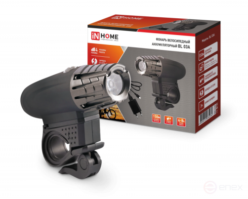 Фонарь велосипедный аккумуляторный BL 03А 3W LED 300Lm 4 режима с з/у 220В ЧЕРНЫЙ IN HOME