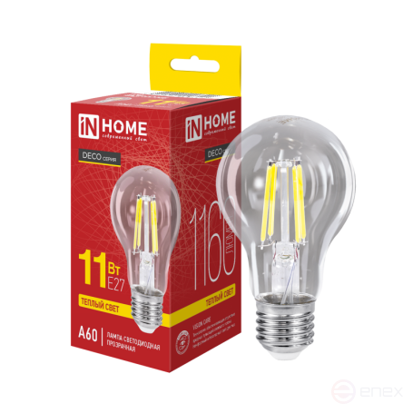 Лампа светодиодная LED-A60-deco 11Вт 230В Е27 3000К 1160Лм прозрачная IN HOME