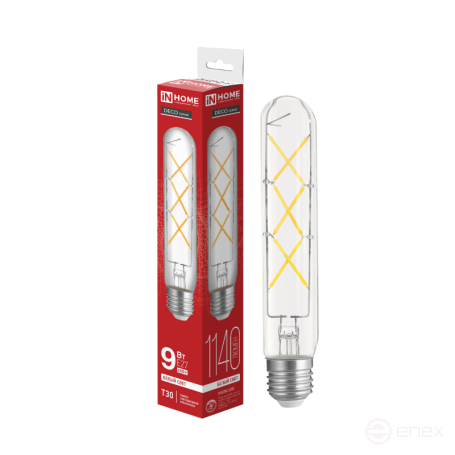 Лампа светодиодная LED-T30-deco 9Вт 230В Е27 4000К 1140Лм 225мм прозрачная IN HOME