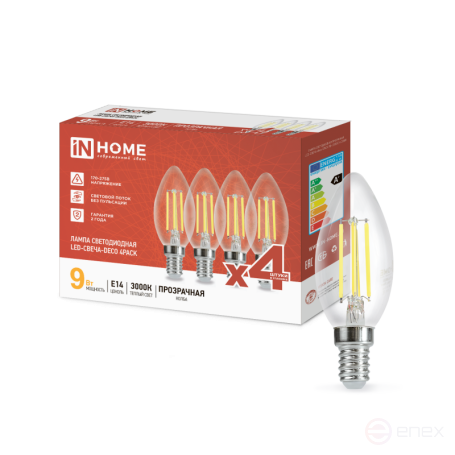 Лампа светодиодная LED-СВЕЧА-deco 4PACK 9Вт 230В Е14 3000К 1040Лм (4шт./упак) прозрачная IN HOME
