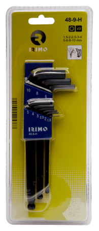 Набор длинных шестигранных ключей, с черненой поверхностью, с шаровым наконечником, метрических, 9 шт. (1,5 - 10 мм)
