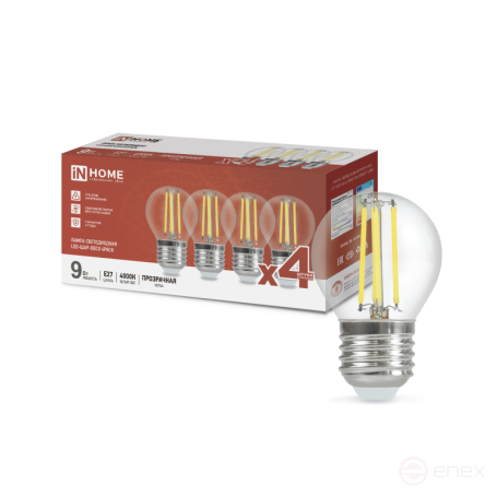 Лампа светодиодная LED-ШАР-deco 4PACK 9Вт 230В Е27 4000К 1040Лм (4шт./упак) прозрачная IN HOME