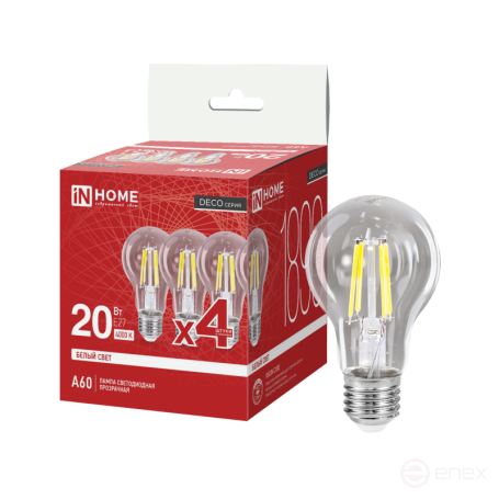 LED Lamp LED-A60-deco 4PACK 20W 230V E27 4000K 1890Lm (4pcs/pack) Transparent IN HOME