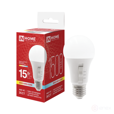 LED Lamp LED-A60-VC 15W 230V E27 1500Lm 3CST 3000/4000/6500K with switch on lamp IN HOME