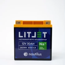 Натриевый стартовый мото аккумулятор LITJET Na+12V 30Ah 360Wh 600CCA IP67 R+