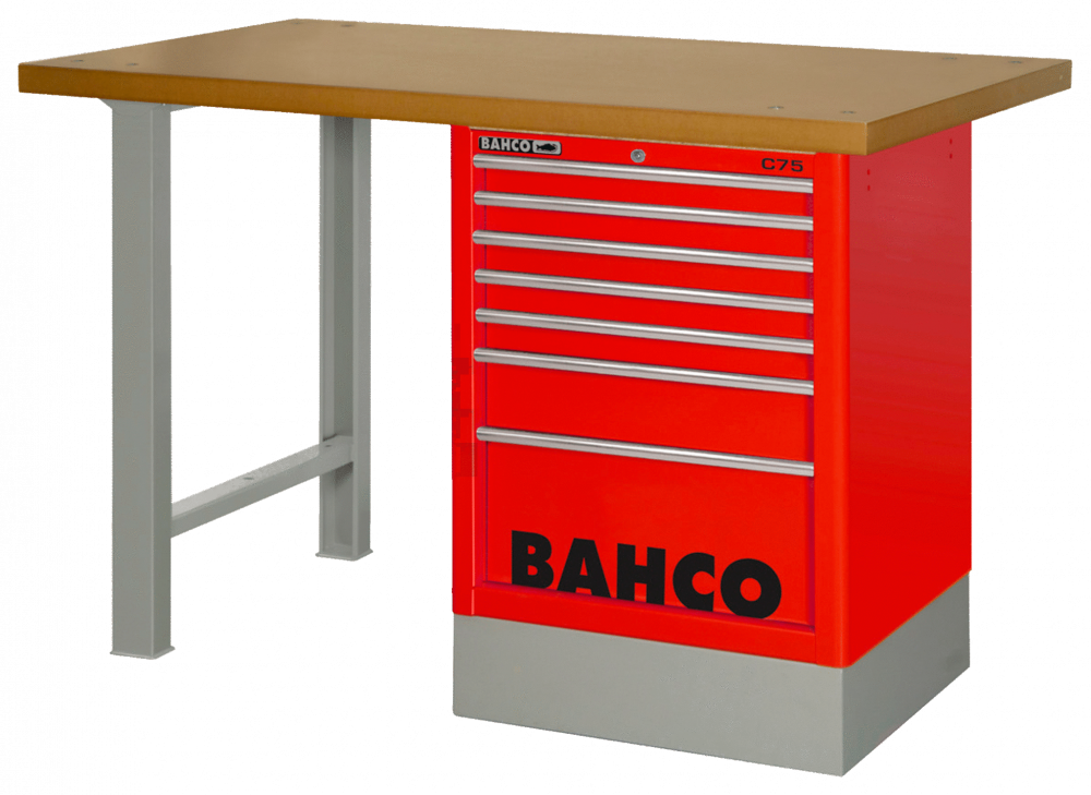 Heavyduty workbench, MDF table top with 2 legs and 8 drawers in black 1800 mm x 750 mm x 1030